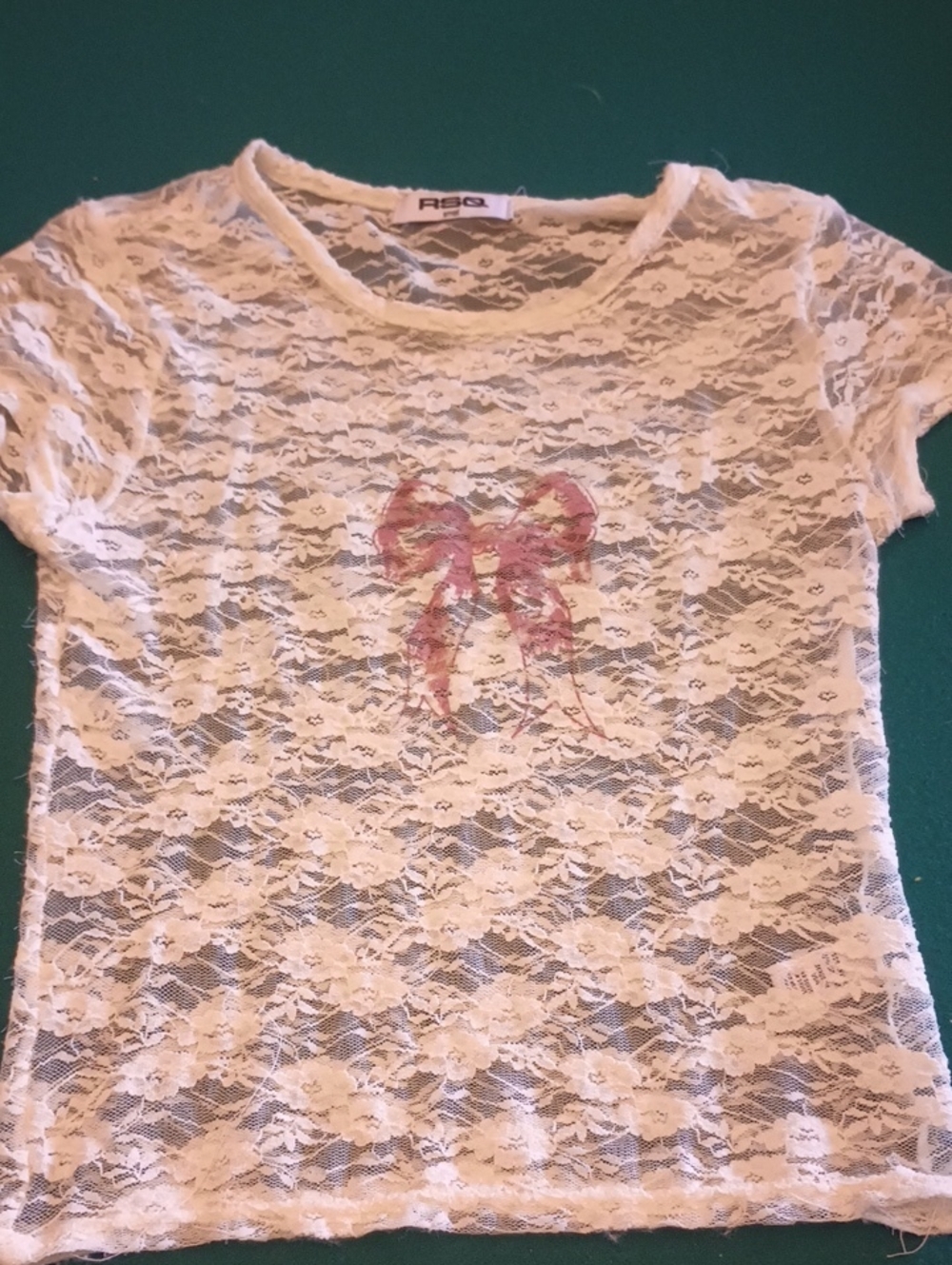 RSQ White Lace Short Sleeve Top with Pink Bow Print